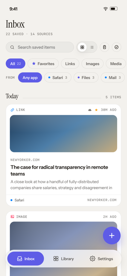 The LoomBox inbox on iPhone, showing saved links, images and files grouped by day.