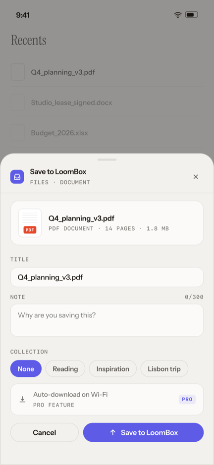 LoomBox saving a file, showing the document name, type and size.
