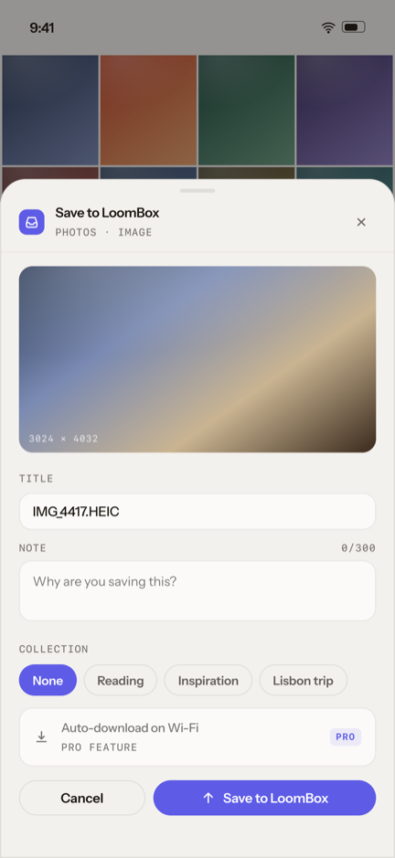 LoomBox saving an image, showing the thumbnail and a note field.