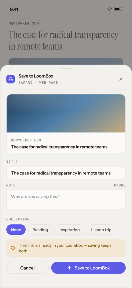 LoomBox saving a link, with the page title and preview filled in automatically.