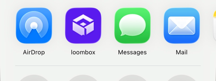 The iOS share sheet with LoomBox pinned in the top row of apps.